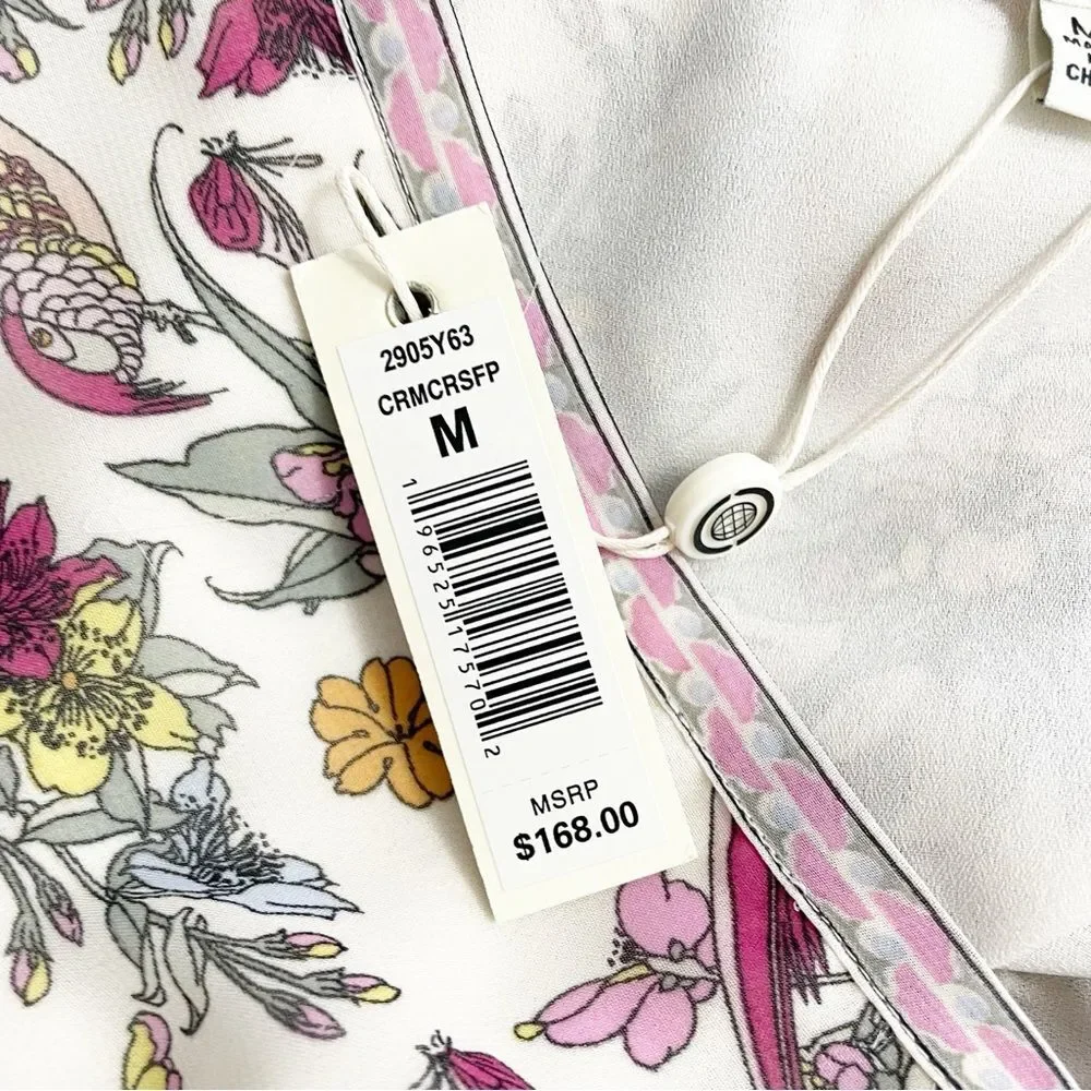 NWT Max Studio Smocked Cream Pink Floral Bird Print Mini Dress Size Medium NEW - Picture 11 of 14